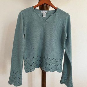 Chelsea Studio Size S Sage-Green Long Sleeve Split Neck Pointelle Knit Sweater